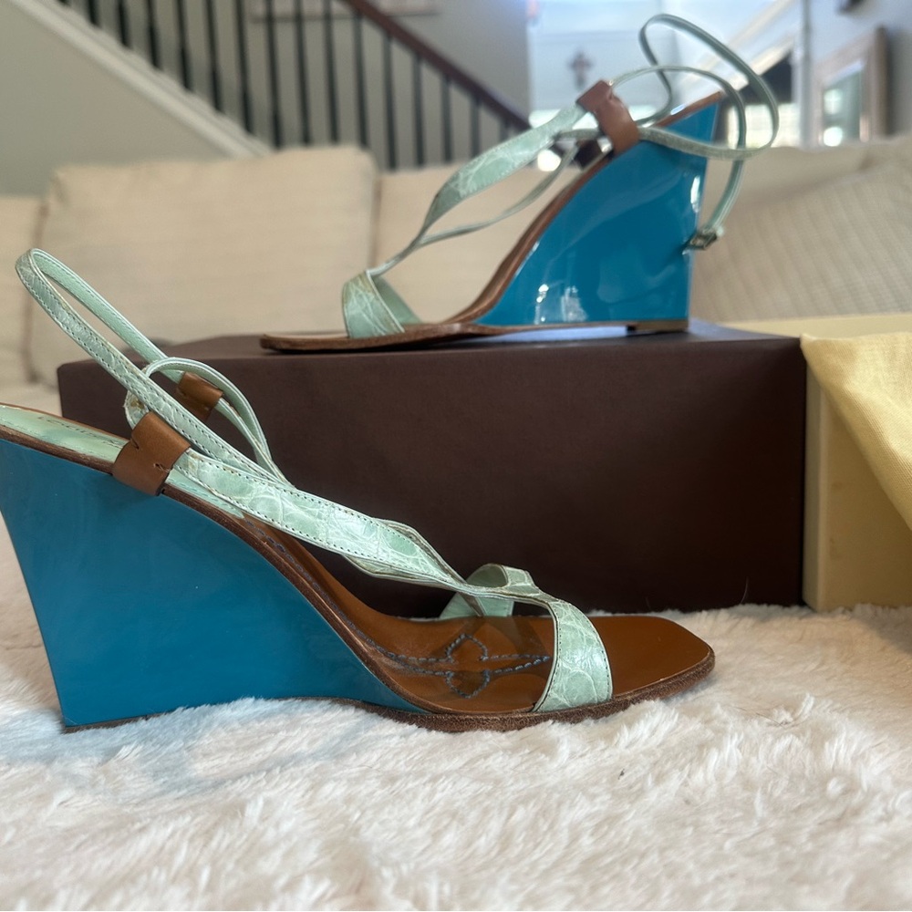 Elegant Blue and Brown Wedge Sandals